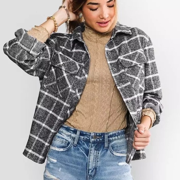 BKE from The Buckle Brushed Flannel Shirt Button Down Black White Eased Fit LRG - Picture 8 of 15